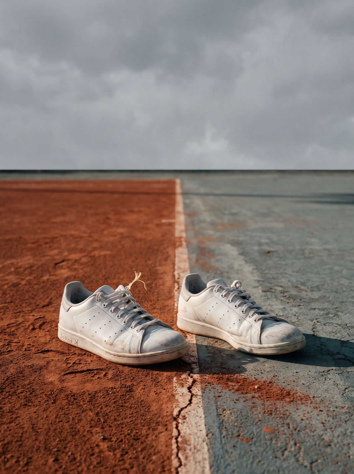 Dua sepatu tenis di batas lapangan tanah liat dan lapangan keras