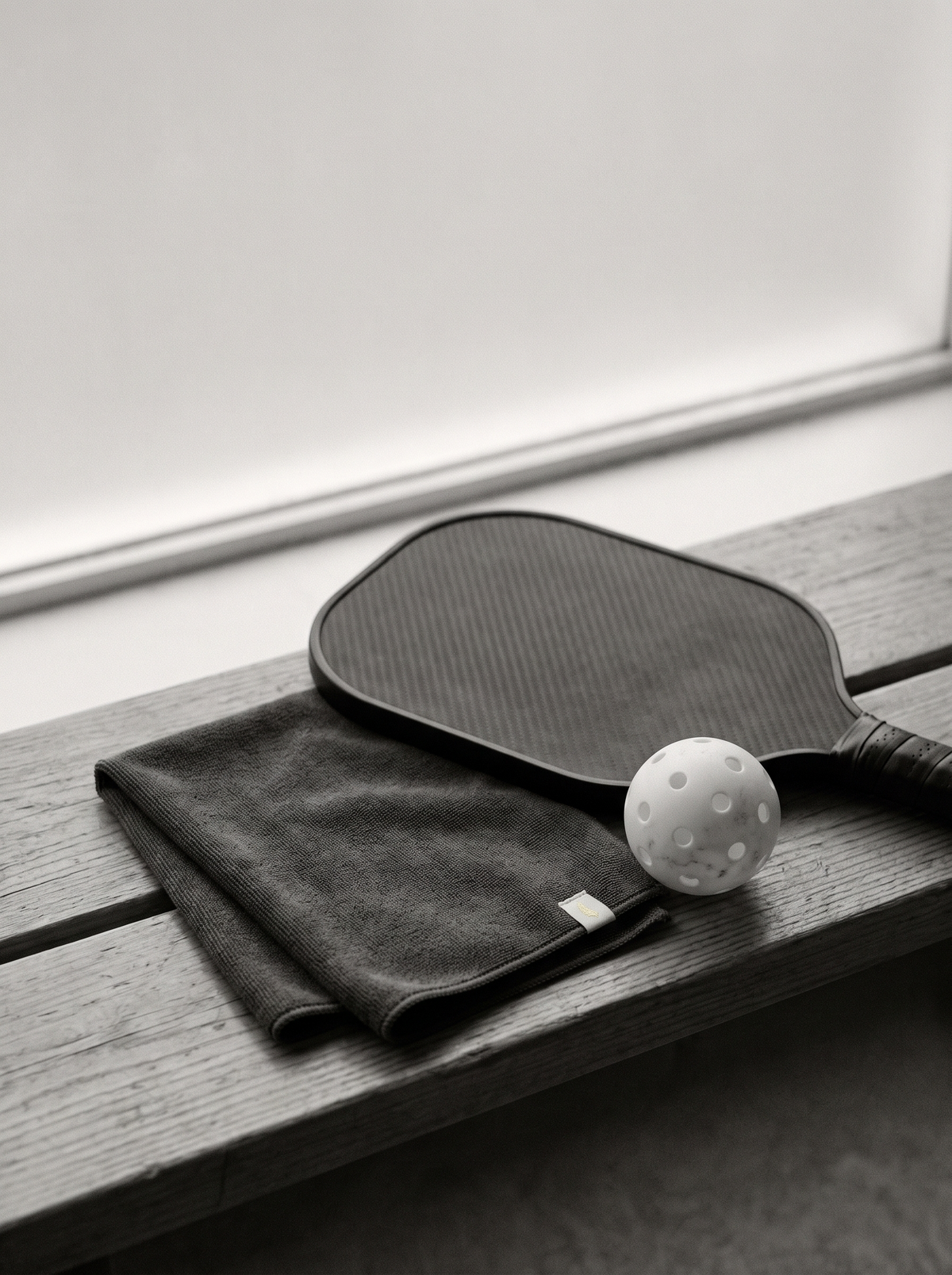 Raket pickleball di bangku kayu dengan kain lap dan bola berlubang