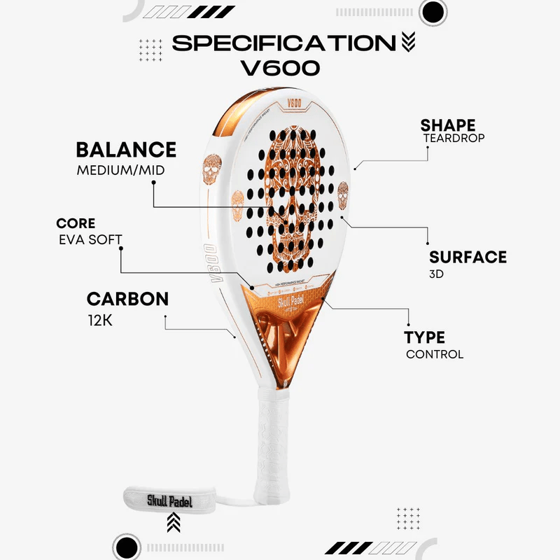 Skull Padel V600 12K Carbon White Copper Skull